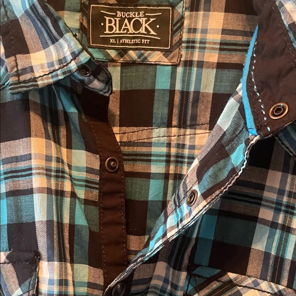 Buckle Black Mens Button Plaid Shirt in black, white and teal size XL